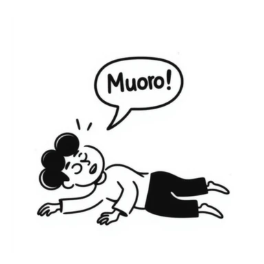 stylized dying little man with the word 'muoro', black doodle style, hand drawn, humorous sticker