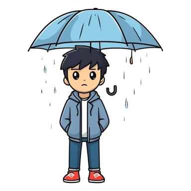 Anime-style teenage boy with dark hair standing in the rain, looking melancholic sticker