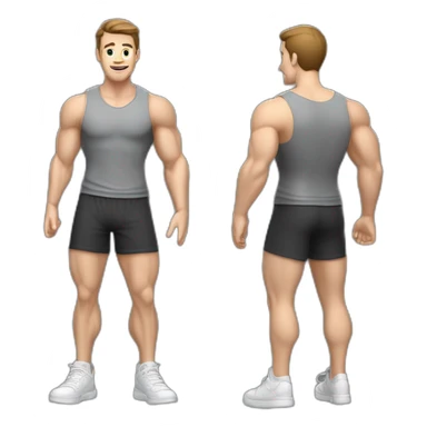 Full height realistic Actively gesturing with hands Pale skinned Fit Man With the biceps and brown hair in dark gray Sleeveless Mike, black oversize sports shorts, watch and white Sneakers sticker