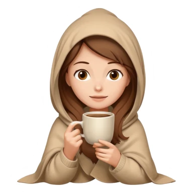 brown hair woman sitting under beige blanket, with a blanket over his head, holding cup of coffee, autumn mood sticker