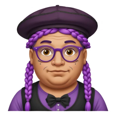 very tattoed face, normal glassess, fat venice gondolier with iconic hat and purple thick braided hair sticker