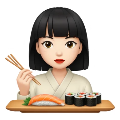 Person with black hair and bangs eating sushi sticker