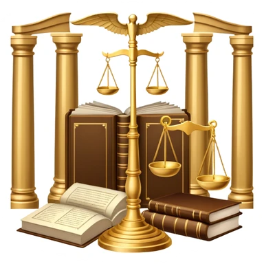 An icon featuring scales of justice, a gavel, and a legal book, symbolizing the study of law. The design includes courthouse pillars in the background, representing authority and legal systems. Transparent background highlights the principles of justice, order, and legal education. sticker