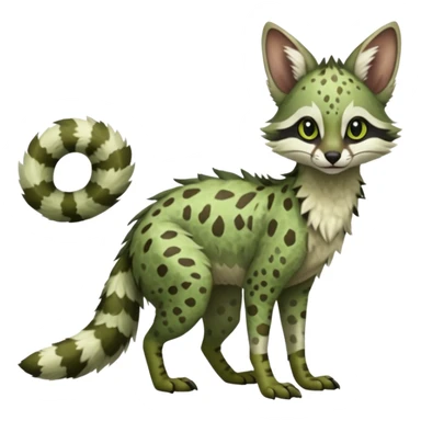 Feral Rare Fantasy   sage-green and moss-brown camouflage-speckled matte fur Vernid-Sergal-Genet-Trico-species by LiLaiRa, random markings, tufted tail, tufted ears, full body sticker