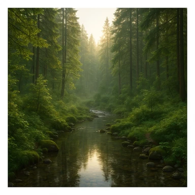 realistic forest landscape, 1920x1080 aspect ratio, early morning, dense trees, clear stream winding through foreground, soft golden morning light, lush greenery, detailed water reflections, gentle mist, no wildlife sticker