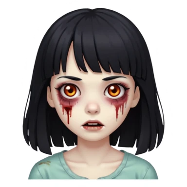 Zombie girl, black hair with bangs, slightly wavy,long hair,long eyelashes, black eyes,iOS style sticker
