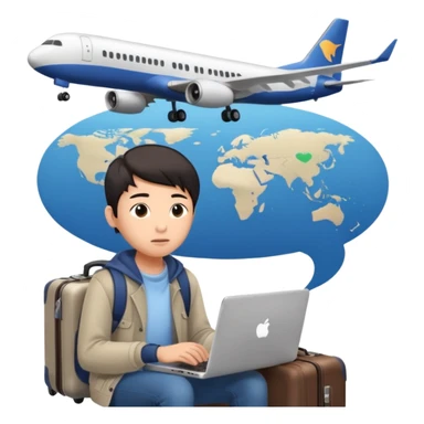 페르소나 요약 : 교환학생을 준비하는 대학생. 동양인 중성 20대의 상반신, 캐주얼한 옷을 입은 채 노트북을 보고 있으며 옆 한켠에는 캐리어가 함께 준비되어 있어요. 머리 위에 생각풍선으로 비행기를 떠올리고 있어요 sticker