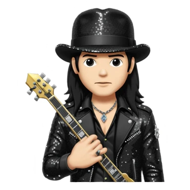 Slash from Gun n Roses with long jet black hair, black sequin outfit sticker