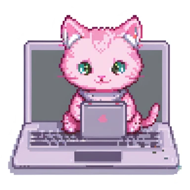 pink kitten using a laptop, pixel art style, retro and charming sticker