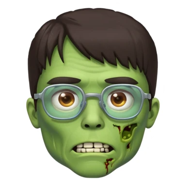an emoji of a male green zombie with dark brown hair and female bangs that cover your entire forehead and extend to your eyebrows, wearing square, bluish glasses. sticker