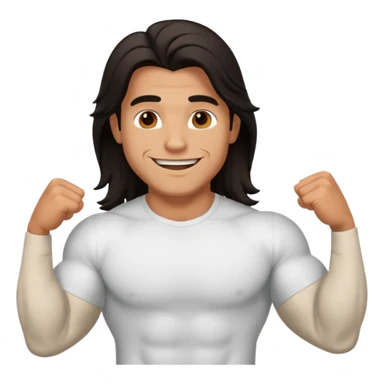 muscled happy guy, long dark hair, t-shirt sticker