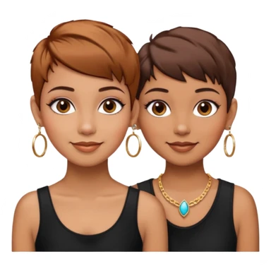 Puerto Rican fair skin straight brown pixie cut hair with hoop earrings make up and my best friend brown  colored pixie cut with jewelry and makeup on her caramel color face besties side-by-side wearing black  sticker