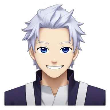 Satoru Gojo with his blue eyes,long medium white hair, a big friendly smile, dark violet uniform from jujutsu kaisen sticker