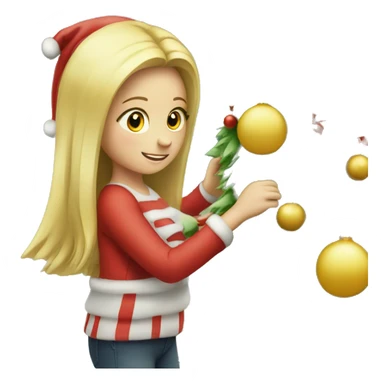 Blond Girl decorating a tall Christmas tree sticker