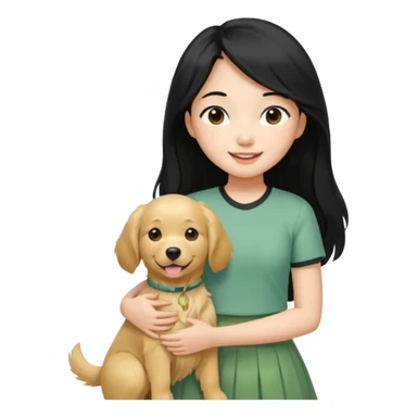An Asian girl with a fair skin on the upper body, wearing a light green skirt, long and straight black hair, medium parts, slightly curled hair, and a smiling expression. Holding a little golden retriever in his arms sticker