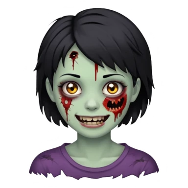 Zombie girl with messy black short hair with lashes and torn cheek and smiling face sticker