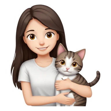 a girl with long dark brown hair, in a
white T-shirt and brown eyes, smile, hugs a tabby
dark grey and white strips one cat sticker