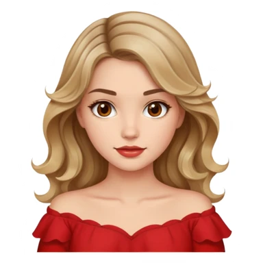 a beautiful girl with wavy and dark blond hair and her eyes are brown. The girl from once has a beautiful red blouse in which from the shoulders starts  sticker