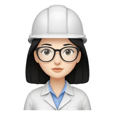 A woman with long, straight black hair, wearing glasses and a white architect's helmet sticker