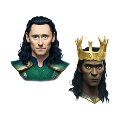 Loki with tom Hiddleston face ,black rawen hair bit wawy,mid hair, blue skin tone with some depper blue wains and accident looking symbols not much noticable like In Thor 1 when Loki turns into a frost giant ,gold crown with horns sticker