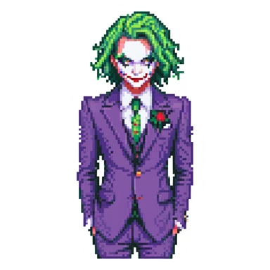 The Joker villain full body with green hair, purple suit, white face, red lips sticker