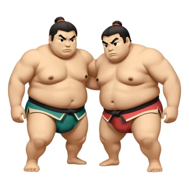 Cinematic Realistic Sumo Wrestling Emoji, depicted as an intense sumo match featuring powerful wrestlers in traditional mawashi, rendered with rich textures and dynamic dramatic lighting that captures the raw intensity of the sport. sticker