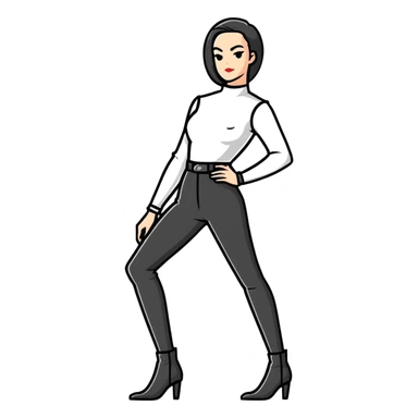 female character with oval-shaped flat-top head wearing tight black pants and black medieval high-heeled boots sticker