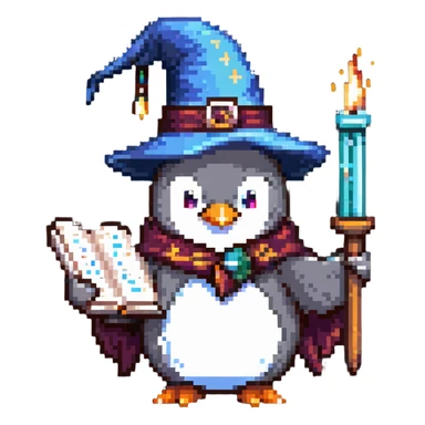 penguin wizard with a wizard hat and a spellbook sticker