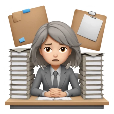 Девушка-мемоджи с очень грустным и подавленным лицом, сидит в сером офисном костюме за заваленным бумагами столом, на лице отчаяние и скука, волосы неопрятные, взгляд усталый и безжизненный. Атмосфера унылой офисной рутины, белый фон. sticker