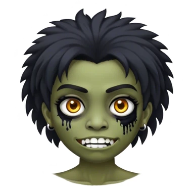 Faça eu zombie, eu tenho cabelos pretos com uma franja, olhos castanhos claros, meu maxilar é marcado, eu uso uma blusa preta que a manga é caida de um ombro sticker