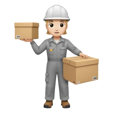 Tengo que dar una capacitacion de orgonomia, necesito un emoji de un operario con casco blanco y buzo gris de manga larga que levante una caja cerrada con las dos manos a la altura de los hombros y que tenga cara de esfuerzo fisico. Que no este saludando, las dos manos sosteniendo la caja sticker