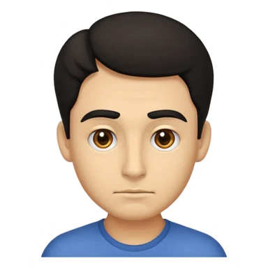 emoji a medio cuerpo hasta la cintura, hombros anchos, de un hombre, con cejas gruesas inclinadas hacia abajo, nariz medio grande, hombros anchos, sin sonrisa, hombros anchos, cabello ondulado con un corte adolecente, cabello negro. ojos negros. sticker