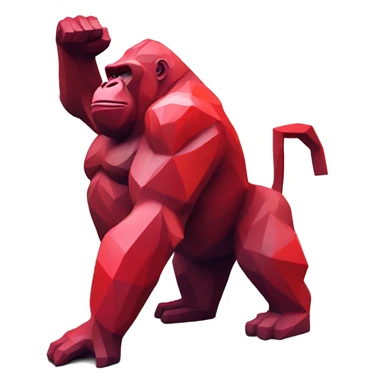 A red gorilla sculpture with a geometric, faceted design. The gorilla is standing upright with one arm raised, showcasing its angular and abstract features. The vibrant red color highlights the sharp edges and planes. sticker