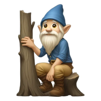 side view of gnome with light tan pants squatting on top of small brown log sticker