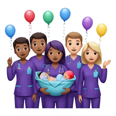 Create Happy & celebrating team faces for a hospital with a newborn saved with dress color as dark voilet sticker