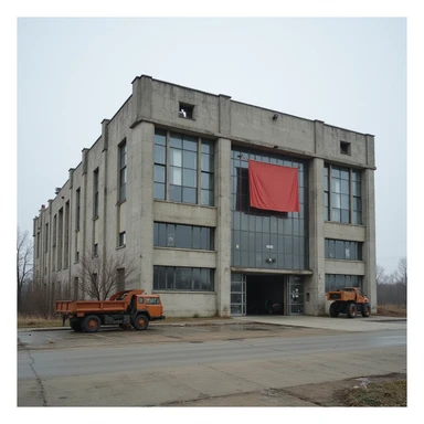 realistic Soviet heavy equipment plant building, concrete structure, large windows, red banners, no people, no machinery outside sticker