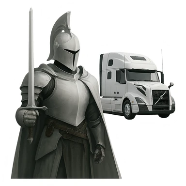 Remove the background, keep only the white knight and the 2022 white Volvo semi sleeper truck with transparent background. sticker