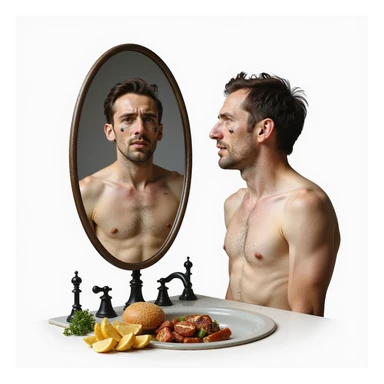 realistic man with marked face and dull eyes, mirror reflecting an image of himself with dull skin and fragile hair, healthy fatty foods barred on the sink, Italian caption: 'No grassi buoni: effetti visibili', isolated on white background sticker