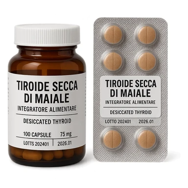 supplement jar and blister pack both labeled 'Tiroide Secca di Maiale', labels clearly visible, isolated on white, pharmaceutical style, hyperrealistic 4K sticker