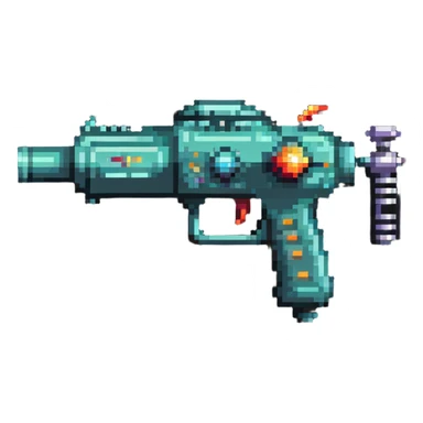 retro sci-fi ray gun in pixel art style sticker