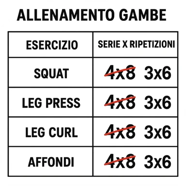 scheda di allenamento gambe con volume di allenamento ridotto (fai alcuni esercizi con 4x8 scritti in precedenza sbarrati in rosso e la correzione accanto tipo 3x6), scrivila al meglio che puoi sticker