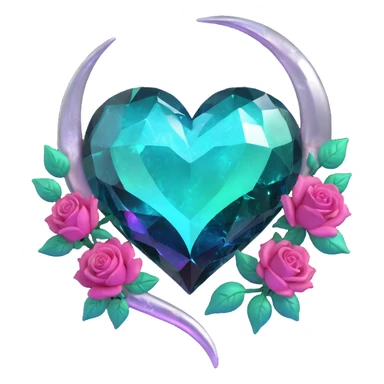 gothic heart made of shimmering aurora glass, adorned with a silver crescent moon, gradient roses, neon teal lightning, holographic stardust, drenched fractured glass sticker