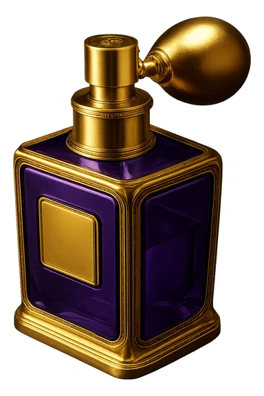 Make this purple perfume bottle look more luxurious with elegant details and add gold accents. Keep the background transparent. sticker