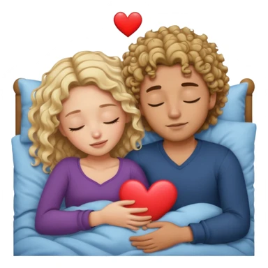 cuddling in bed, asleep. wavy haired blonde girl. man with curly,  dark brown hair. eyes closed. heart between them. no headboard sticker