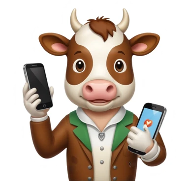 Italian cow meme holding a smartphone with hoof sticker