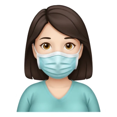 a pregrant lady with dark brown hair? Hair lengt above shoulder, wearing medical face mask sticker