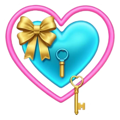 neon heart with a gold bow with heart pattern on the bow and a key sticker