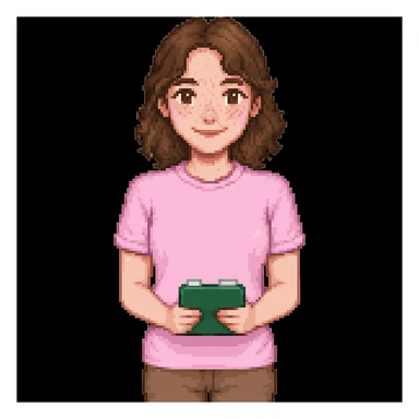 Add brown eyes and freckles on the cheeks to the pixel art teacher with brown hair, white skin, and pink t-shirt. Keep the original pixel art style. sticker