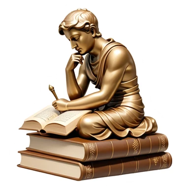 An icon featuring a Thinker statue, a scroll, symbolizing philosophy. The design includes books and abstract symbols representing deep thought and wisdom. Transparent background highlights the study of ideas, logic, and existential questions sticker