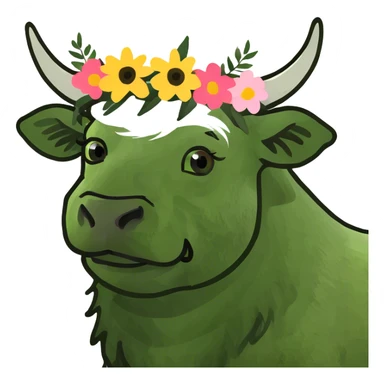 A highland cow wearing something cute with flowers on its head sticker